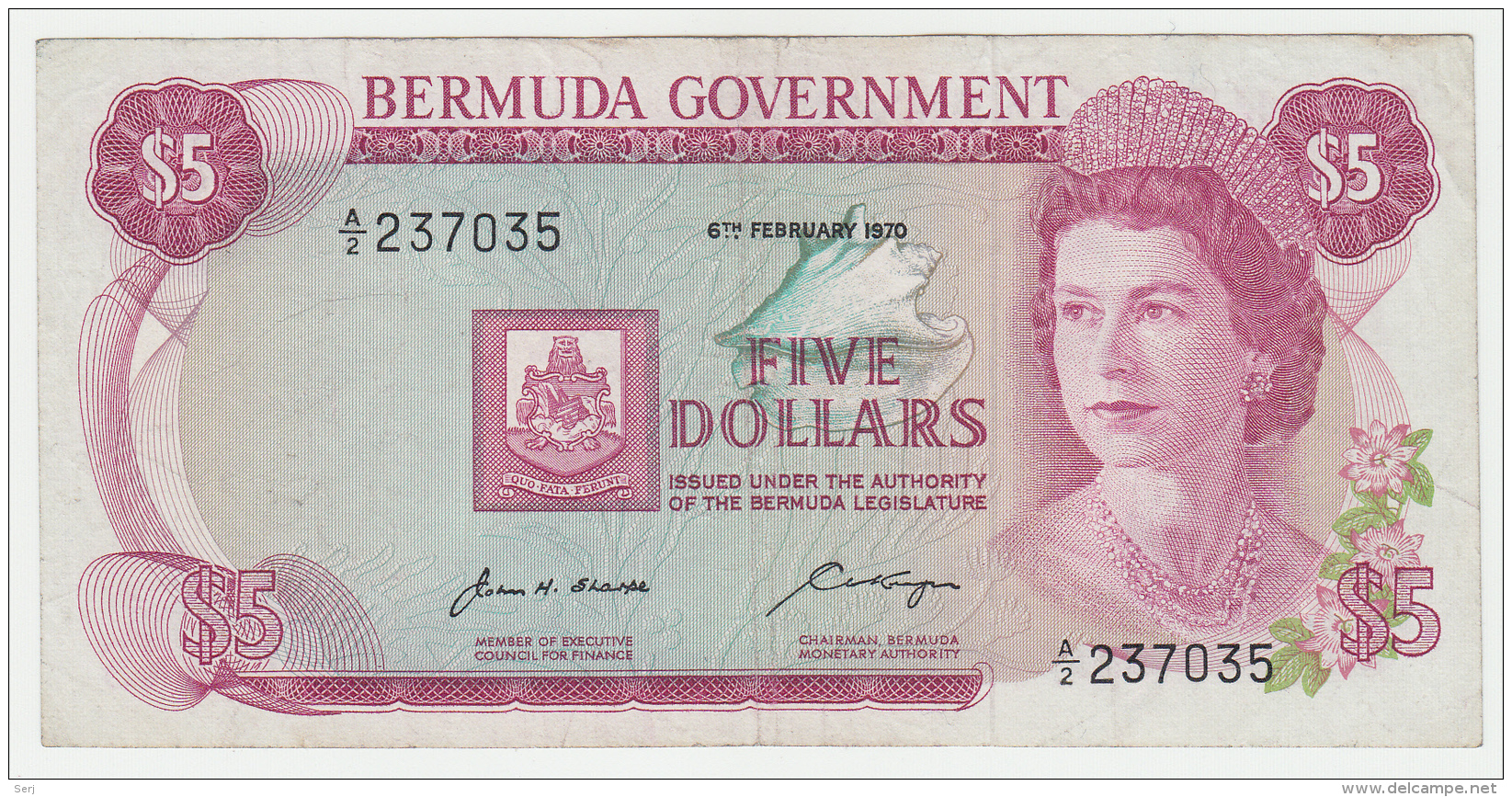 Bermuda 5 Dollars 1970 VF+ Banknote Pick 24 - Bermudas