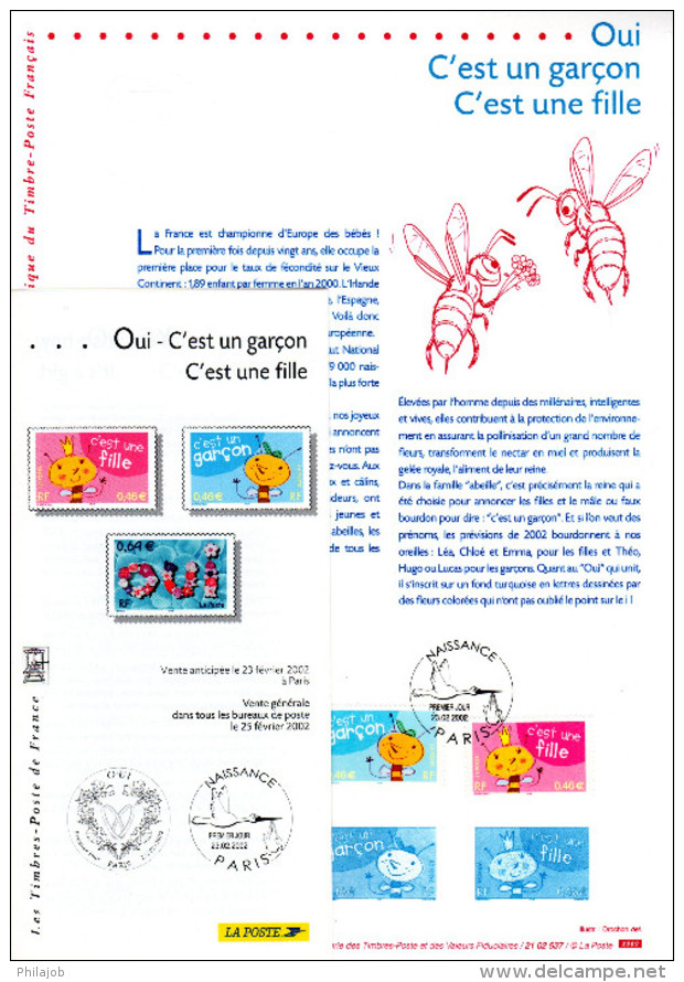 Document Philatélique Officiel 1er Jour De 2002 + KDO " OUI / FILLE / GARCON / ABEILLE ". N° YT 3463 à 3465 - Abeilles