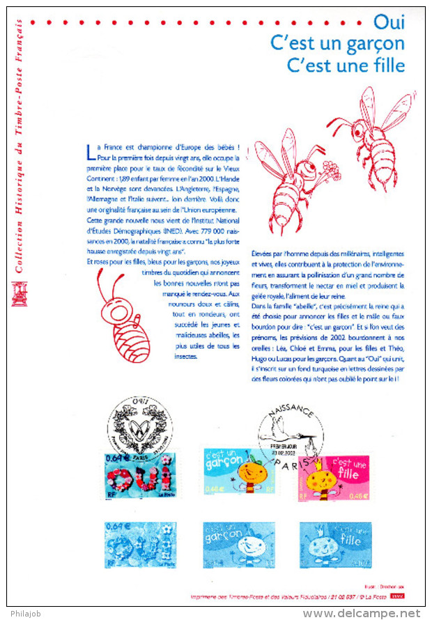 Document Philatélique Officiel 1er Jour De 2002 + KDO " OUI / FILLE / GARCON / ABEILLE ". N° YT 3463 à 3465 - Honeybees