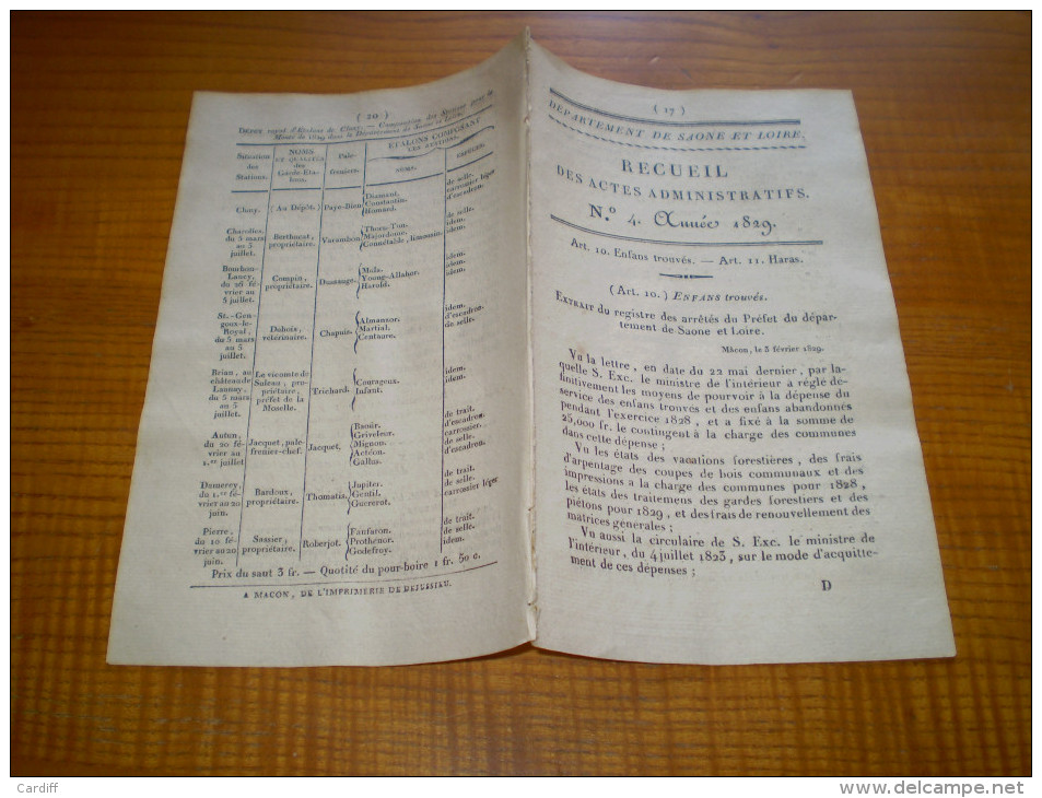 Mâcon 1829: Collombier 71: Frais Pour Enfants Trouvés,gardes Forestiers,arpenteurs... Placement étalons Haras De Cluny - Décrets & Lois