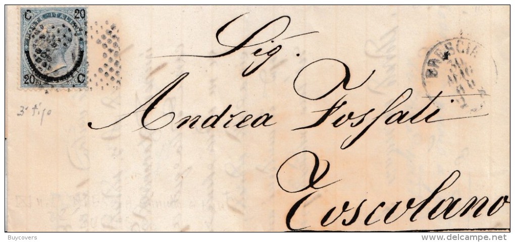 C507 - Lettera Del 30 Maggio 1866 Da BRESCIA A Toscolano Con Cent.20 Su 15 , 3° Tipo . Leggi ... - Storia Postale