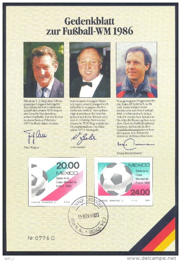 Germany 1986 Card: Football Fussball Calcio Soccer: World Cup 1986 Weltmeisterschaft Gedenkblatt Walter Seeler Beckenba - Sonstige & Ohne Zuordnung