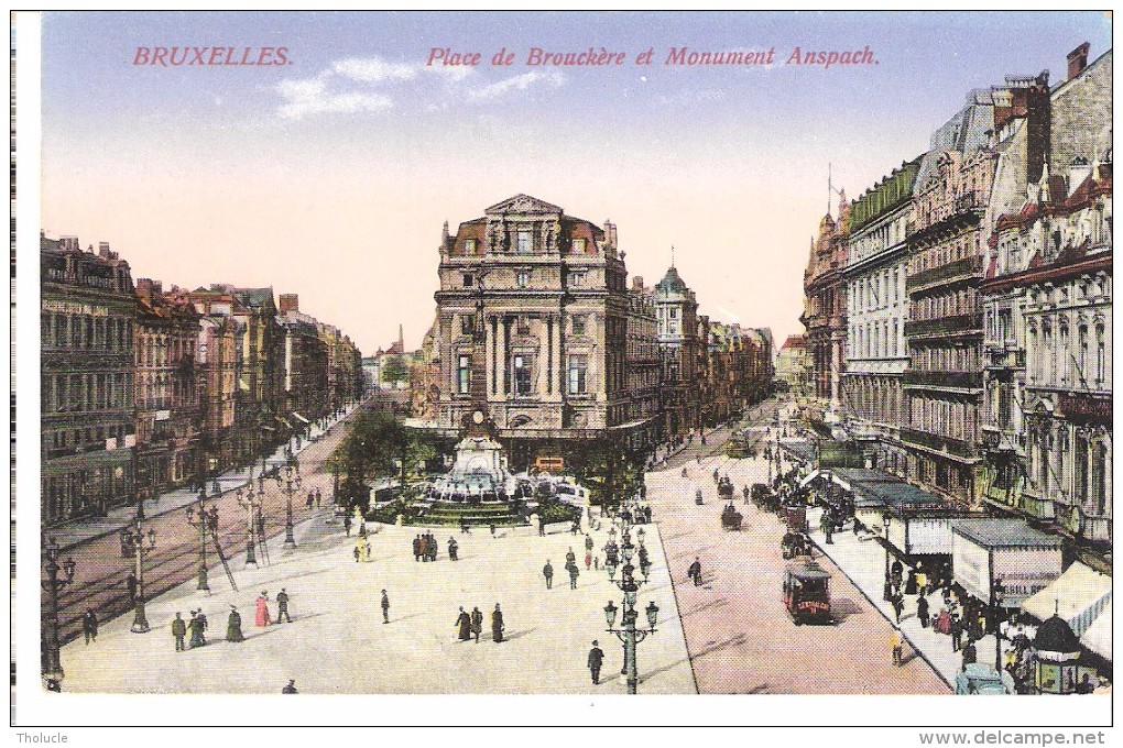 Bruxelles-Brussel-+/-1920--Place De Brouckère Et Monument Anspach-Colorisée-Autobus -bus "Central Car" - Transporte Público