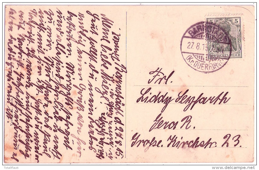 Gruss Aus BARNSTÄDT Obere Dorfstrasse Geschäftshaus Von K Kelz Kirche Schule 27.8.1915 Gelaufen - Querfurt