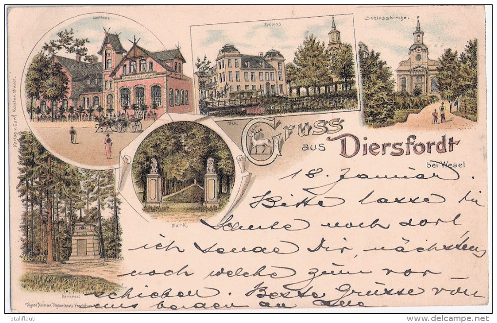 Gruss Aus Diersfordt Bei Wesel Color Litho Gasthaus Schloß Kirche Park 19.1.1899 Gelaufen - Wesel