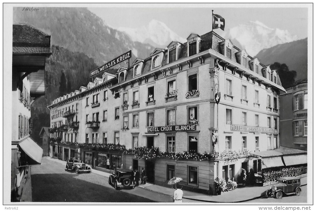 INTERLAKEN &#8594; Hotel Weisses Kreuz (Fam. Bieri) Mit Oldtimer Davor, Ca.1945 - Interlaken