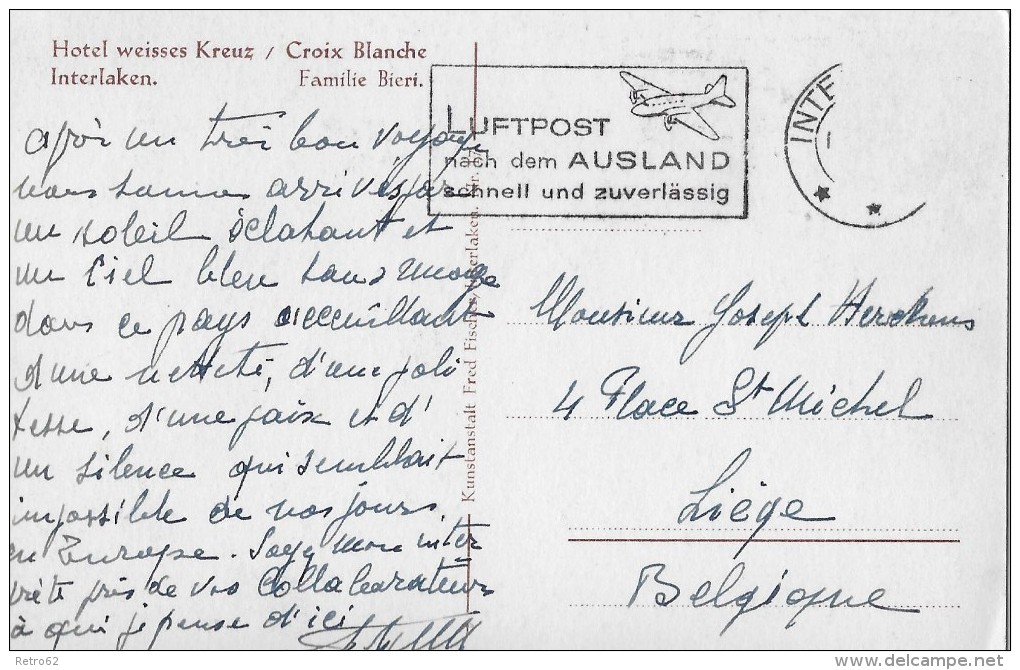 INTERLAKEN &#8594; Hotel Weisses Kreuz (Fam. Bieri) Mit Oldtimer Davor, Ca.1945 - Interlaken