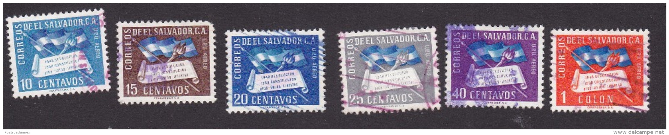 El Salvador, Scott #C134-C139, Used, Flag, Torch And Scroll, Issued 1952 - Salvador