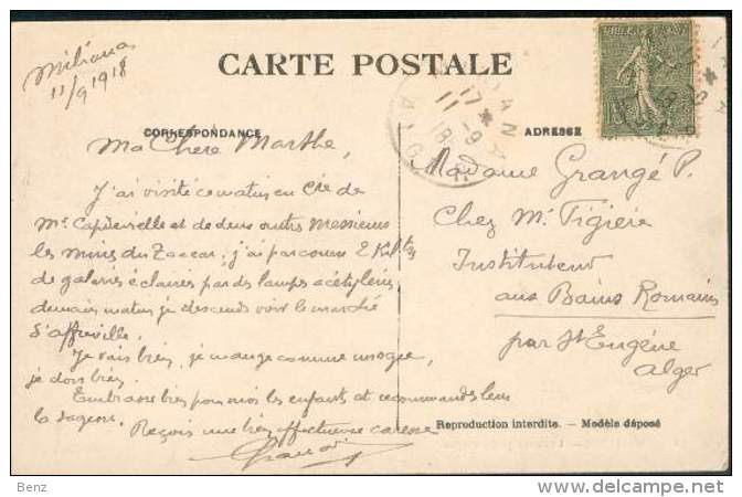 FRANCE TYPE SEMEUSE N°130 OB. POINTE -PESCADE RARE ALGERIE 1918 SUR CPA MILIANA POUR ALGER TB - 1900-29 Blanc