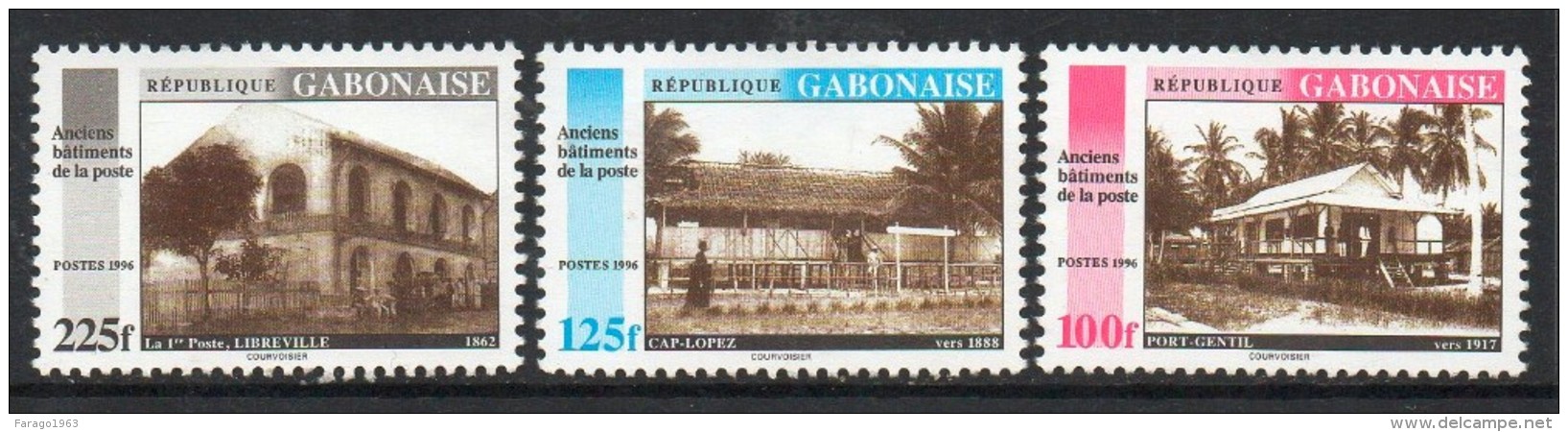 1996 Gabon Early Post Offices Architecture Complete Set  Of 3 MNH - Gabun (1960-...)