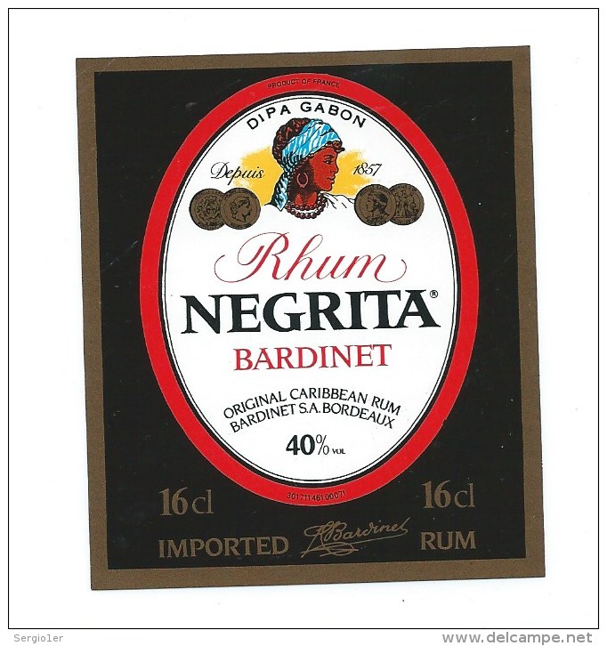 Petite étiquette  Rhum Negrita Bardinet Bordeaux  Importé 16cl - Rhum