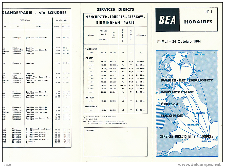 British European Airways (BEA) : Horaires N° 1 (1964), Le Bourget, Birmingham, Glasgow, Londres, Manchester, Dublin... - Horarios