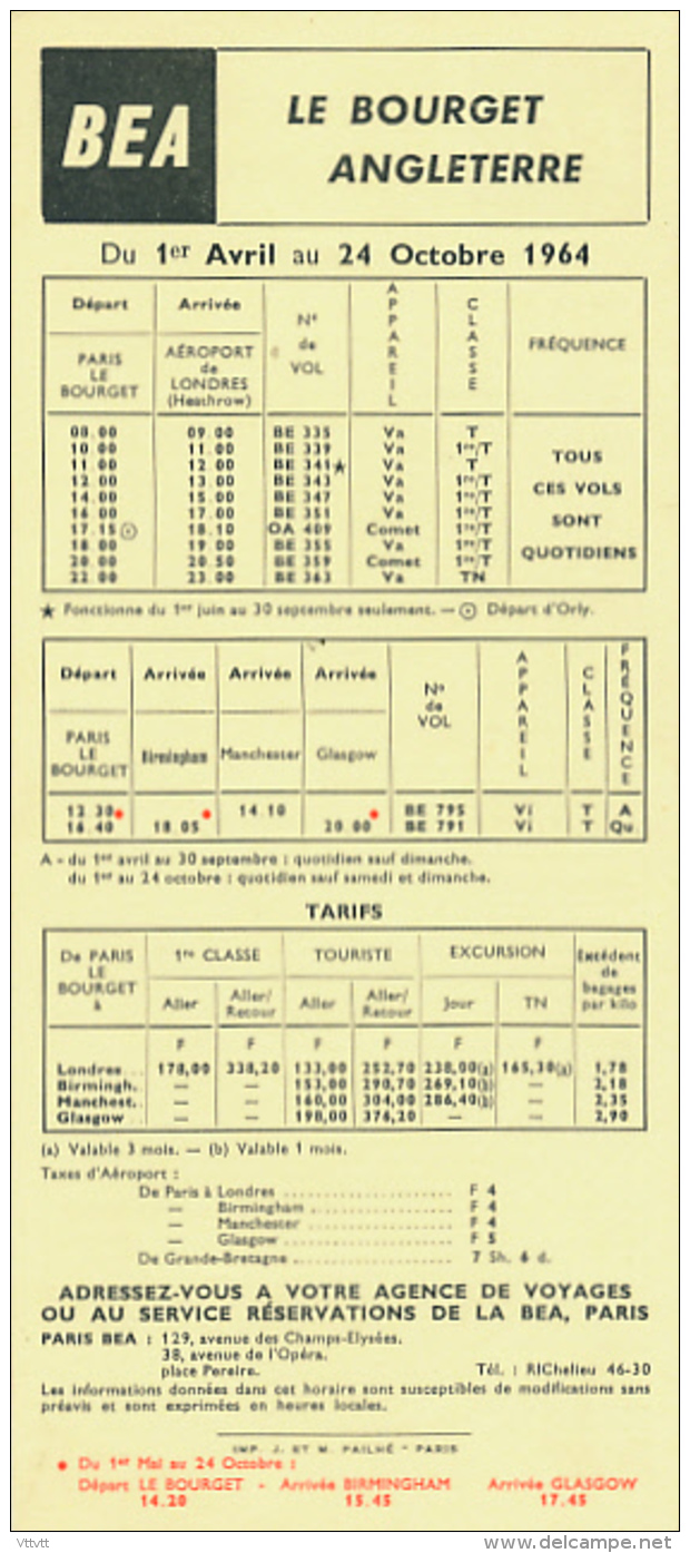 British European Airways (BEA) : Horaires (Avril- Octobre 1964) Le Bourget-Angleterre (Londres Heathrow)-Le Bourget - Horarios