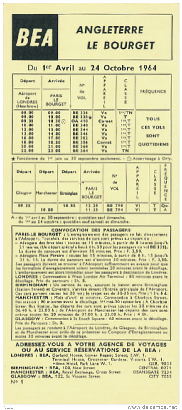 British European Airways (BEA) : Horaires (Avril- Octobre 1964) Le Bourget-Angleterre (Londres Heathrow)-Le Bourget - Horarios