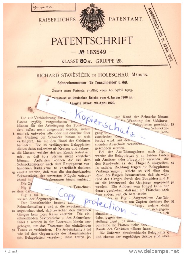 Original Patent  -  Richard Stavènicek In Holeschau, Mähren , 1906 , Schneckenmesser !!! - Documents Historiques