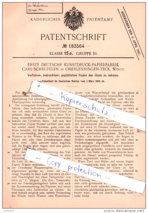 Original Patent - Erste Kunstdruck-Papierfabrik C. Scheufelen In Oberlenningen-Teck / Lenningen , Württ. , 1906 !!! - Kirchheim