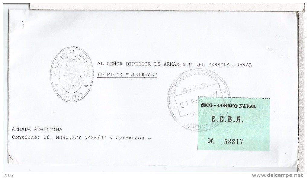 ARGENTINA CC CORREO OFICIAL DIPLOMATIC MAIL MISION NAVAL ARGENTINA EN BOLIVIA - Service