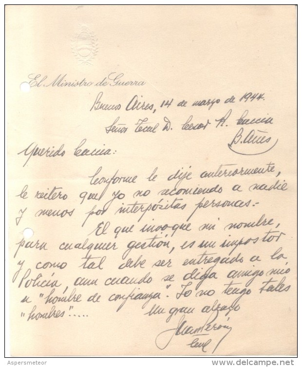 JUAN DOMINGO PERON PRESIDENTE DE LA ARGENTINA LE ENVIA ESTA CARTA A SU AMIGO EL GENERAL CACCIA DONDE HABLA DE LOS IMPOST - Autres & Non Classés