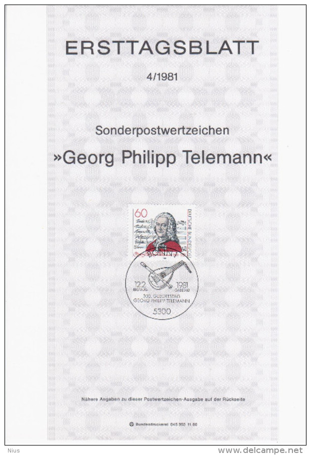 Germany Deutschland 19814- ETB Georg Philipp Telemann, Composer Komponist Music Music, First Day Sheet, Bonn - 1981-1990