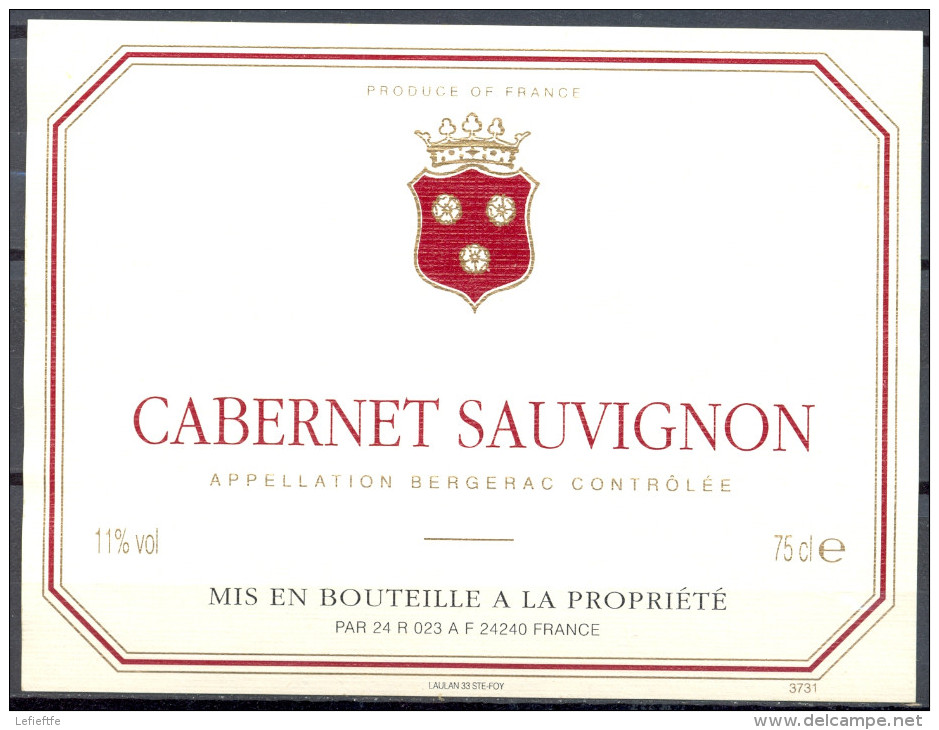 277 - Cabernet Sauvignon - Appellation Bergerac Contrôlée - Mis En Bouteille à La Propriété Par 24 R 023 à 24240 - Bergerac