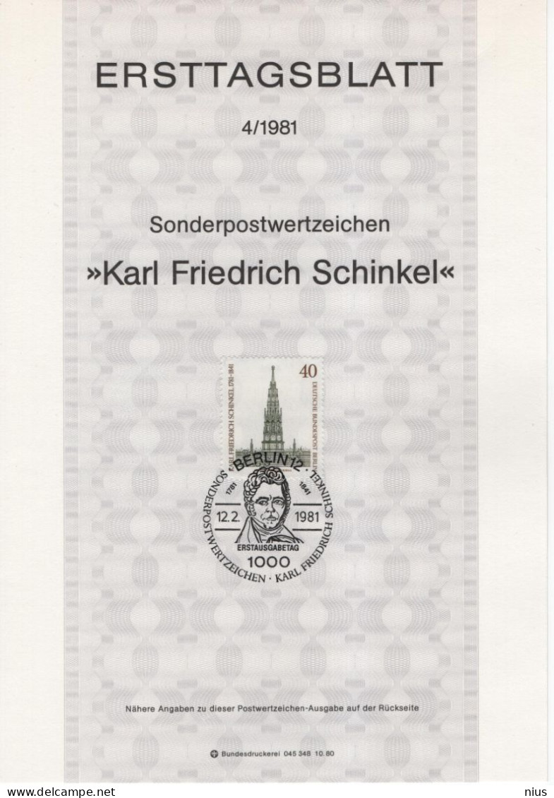Germany Deutschland 1981-04 Karl Friedrich Schinkel, Prussian Architect, Painter, First Day Sheet, Canceled In Berlin - 1981-1990