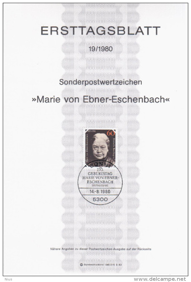 Germany Deutschland 1980-19 ETB ERSTTAGSBLATT "Marie Von Ebner-Eschenbach", Austrian Writer, First Day Sheet, Bonn - 1974-1980