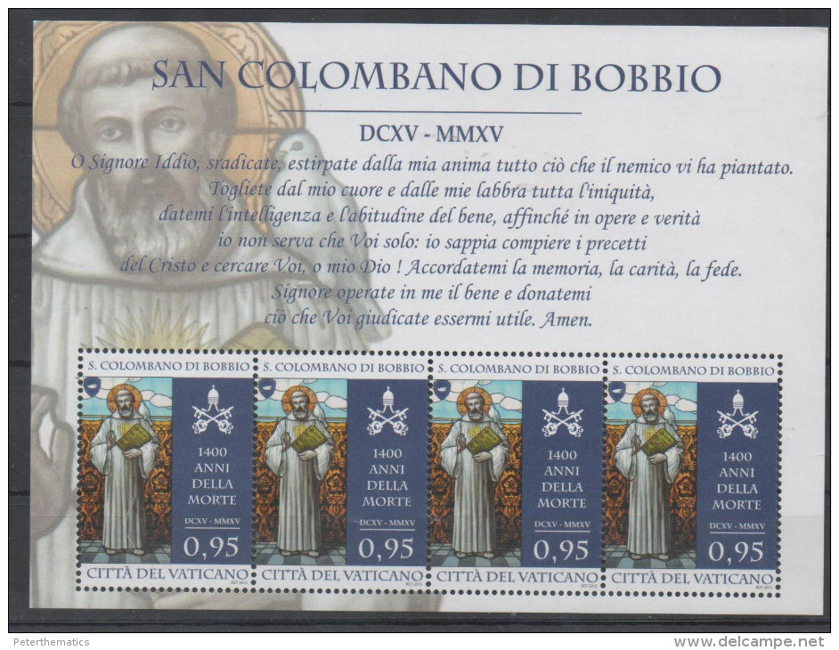 VATICAN ,2015,MNH, SAINTS, SAN COLOMBANO DI BOBBIO, SHEETLET  OF 4v - Other & Unclassified