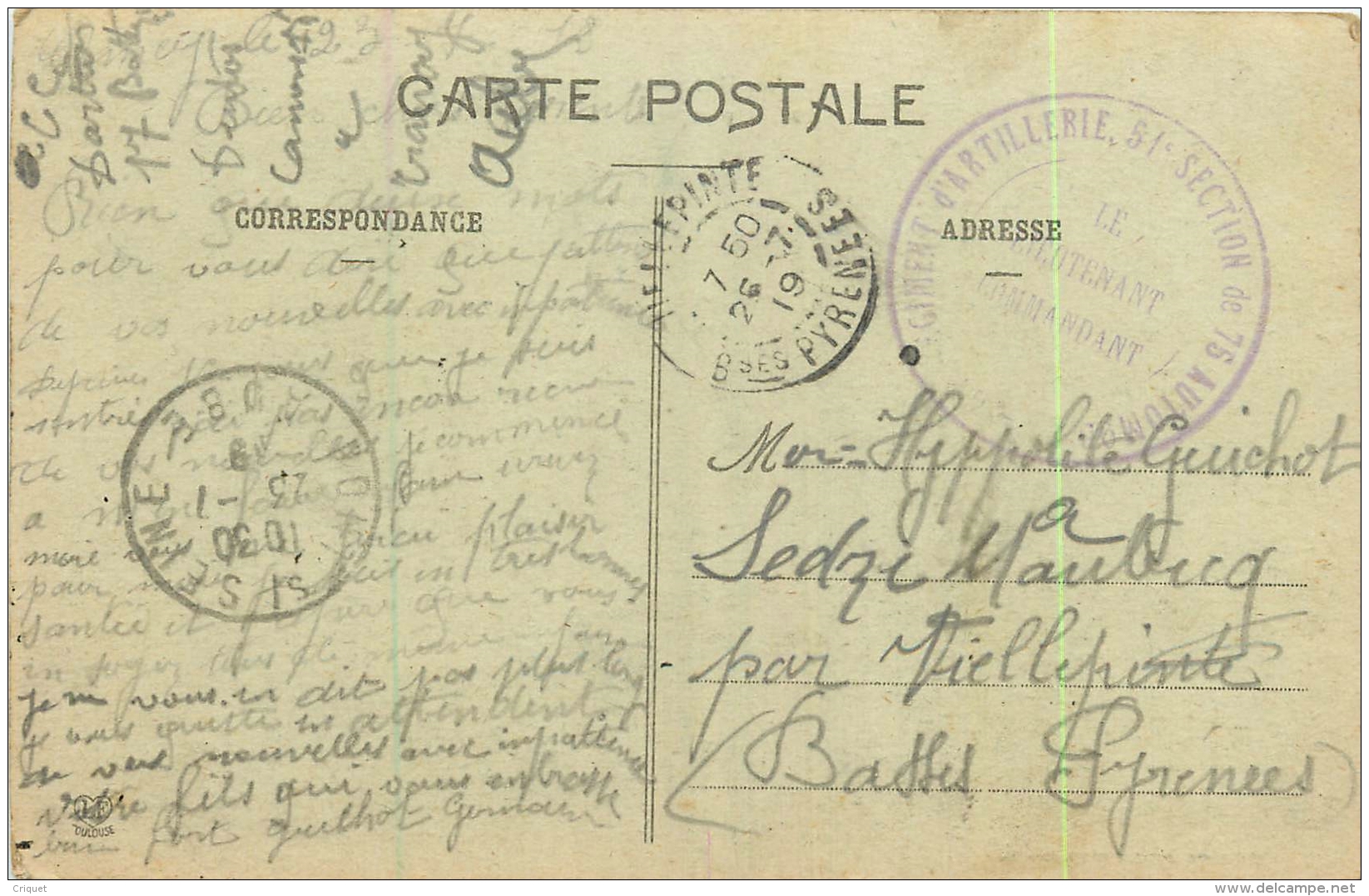 64 Puyoo, La Gare, Verso Cachet Régiment Artillerie, 51ème Section De 75 - Autres & Non Classés