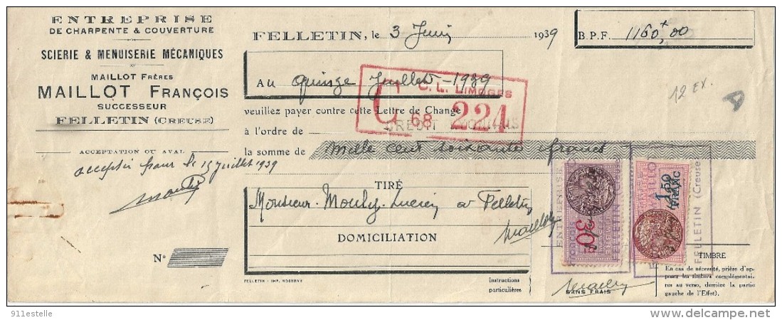 Fiscal    23  FELLETIN  ,Maillot   François  ,  Facture  Acquitté  De 1939  Timbrée - Felletin