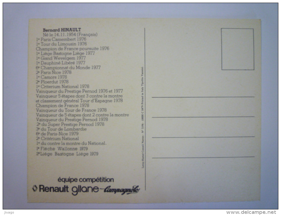 Carte  PUB  RENAULT  GITANE  CAMPAGNOLO  :  Bernard  HINAULT   - Cycling