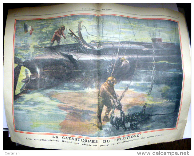 SCAPHANDRIER 2 GRAVURES COULEUR  DU PETIT JOURNAL 1910 SCAPHANDRIER REMONTANT LE PAVILLON DU PLUVIOSE - 1850 - 1899