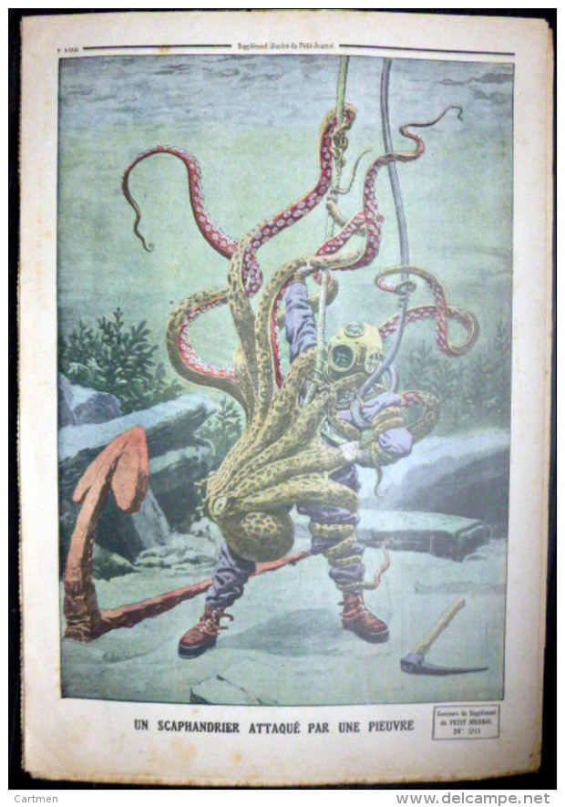 SCAPHANDRIER  GRAVURE COULEUR  DU PETIT JOURNAL 1912  SCAPHANDRIER ATTAQUE PAR UNE PIEUVRE - 1850 - 1899