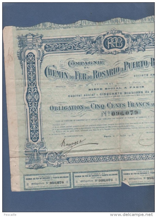 ARGENTINE ARGENTINA - OBLIGATION COMPAGNIE DU CHEMIN DE FER DE ROSARIO A PUERTO BELGRANO - 1918 - 3 COUPONS - Chemin De Fer & Tramway