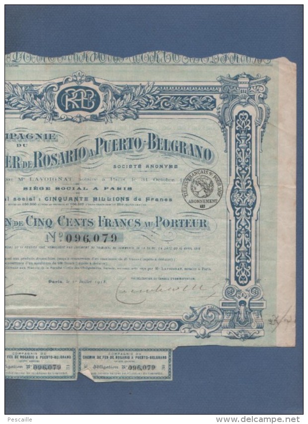 ARGENTINE ARGENTINA - OBLIGATION COMPAGNIE DU CHEMIN DE FER DE ROSARIO A PUERTO BELGRANO - 1918 - 3 COUPONS - Chemin De Fer & Tramway