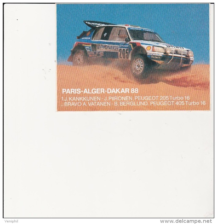 CARTE POSTALE ADHESIVE -PARIS-ALGER-DAKAR  1988 -PEUGEOT -1ER KANKKUNEN -J- PIIRONEN - Rallyes