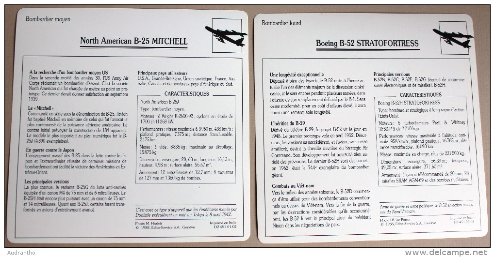 2 Fiche Aviation USA Mitchell B 25 Boeing B 52 Stratofortress Armée Militaria - Luchtvaart