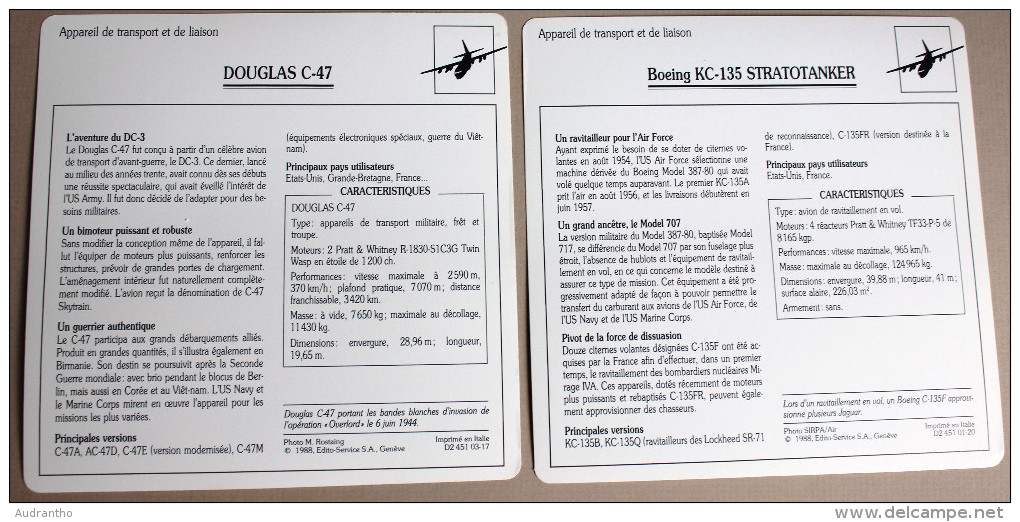 2 Fiche Aviation USA Boeing KC 135 Stratotanker Douglas C 47 Armée Militaria - Luchtvaart