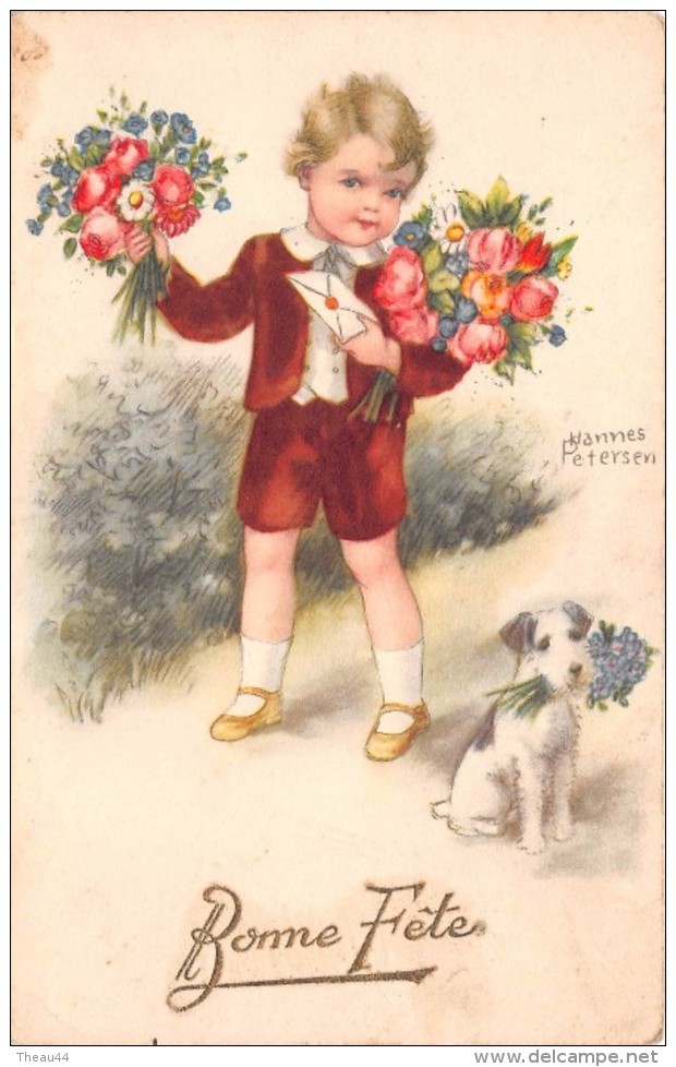 ¤¤  -    Illustrateur  " Hannes PETERSEN "  Petit Garçon , Fleurs , Chien  -  Bonne Fête  -  ¤¤ - Petersen, Hannes