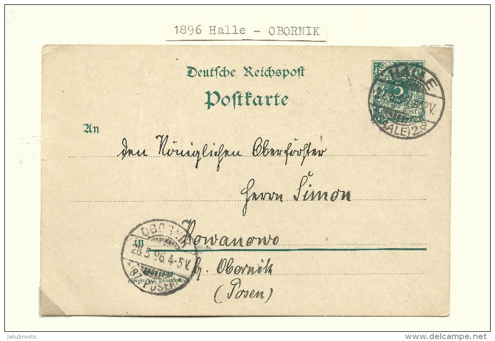 1896. GERMAN  OCCUPATION . POSTKARTE . HALLE--OBORNIKI . - ...-1860 Voorfilatelie