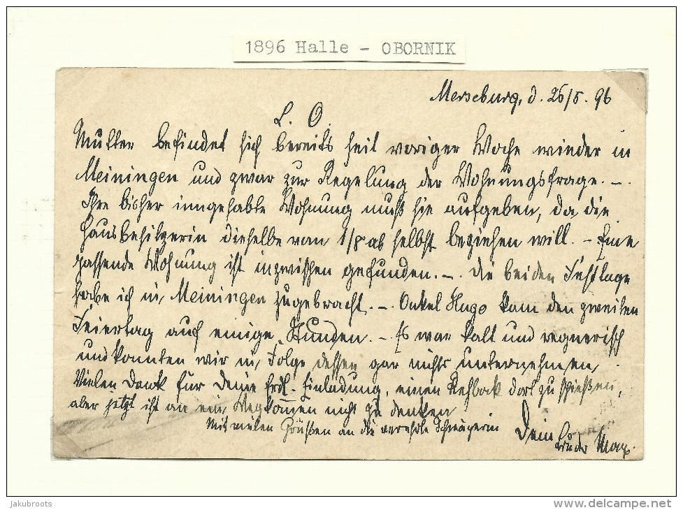 1896. GERMAN  OCCUPATION . POSTKARTE . HALLE--OBORNIKI . - ...-1860 Préphilatélie