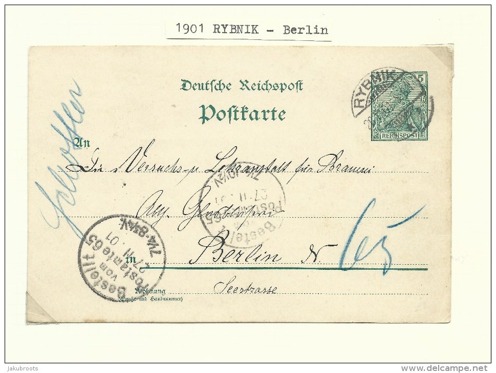 1901. GERMAN  OCCUPATION. POSTKARTE  .RYBNIK--BERLIN. - ...-1860 Prephilately