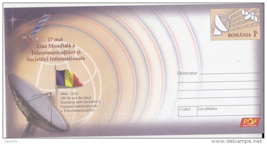 WORLD TELECOMMUNICATIONS DAY, COVER STATIONERY, ENTIER POSTAL, 2016, ROMANIA - Télécom