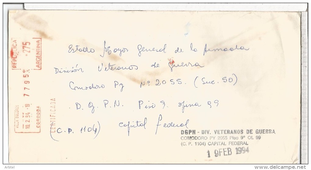 ARGENTINA CC CORREO OFICIAL NAVAL FRANQUEO MECANICO VILLA DOLORES VETERANOS DE GUERRA - Oficiales