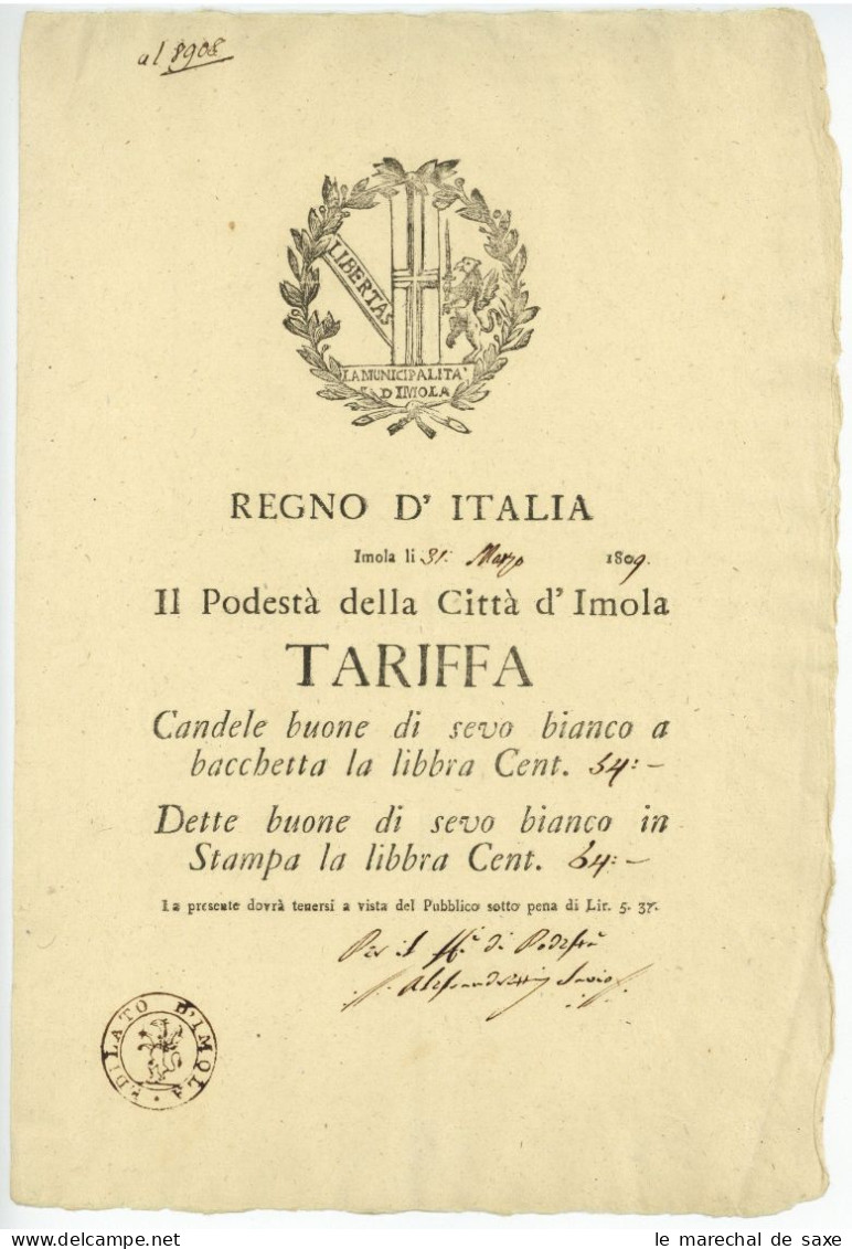 ROYAUME D&rsquo;ITALIE (Regno D&rsquo;Italia) &ndash; IMOLA, 31 Mars 1809. Très Bel Affiche, Parfait à Encadrer. Ca. 31 - Documents Historiques