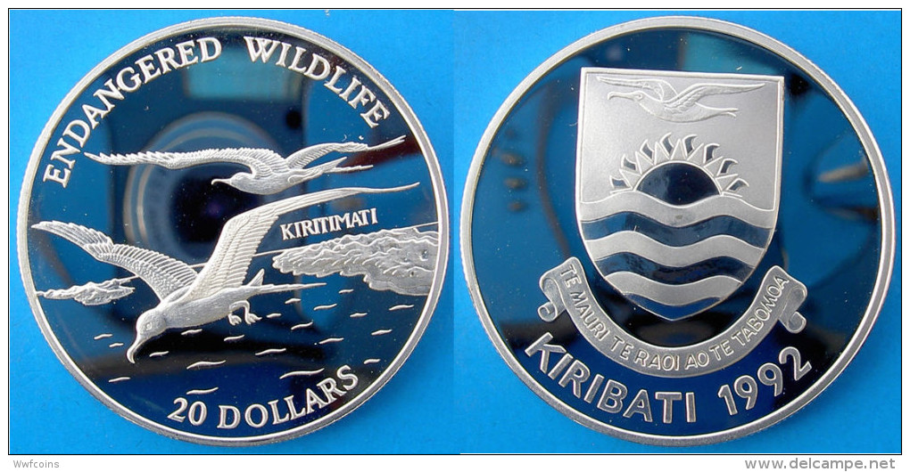 KIRIBATI 20 $ 1992 ARGENTO PROOF SILVER ENDANGERED WILDLIFE FREGATA KIRITIMATI CHRISTMAS ISLAND PESO 31,47g TITOLO 0,925 - Kiribati