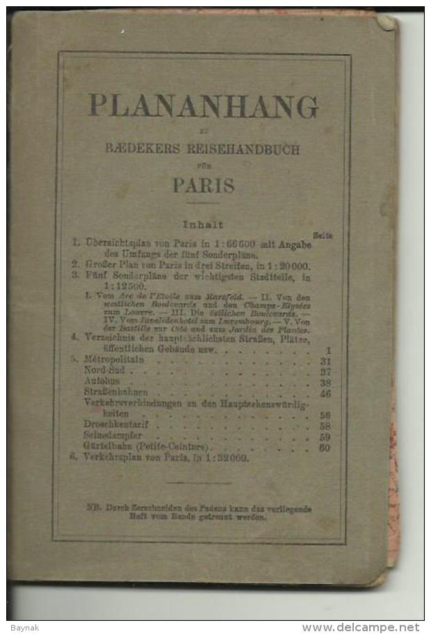 BAEDEKERS  --  PLANANHANG, GUIDE  --  PARIS  --  1923  --  60 PAGES  --  Karte - Frankrijk