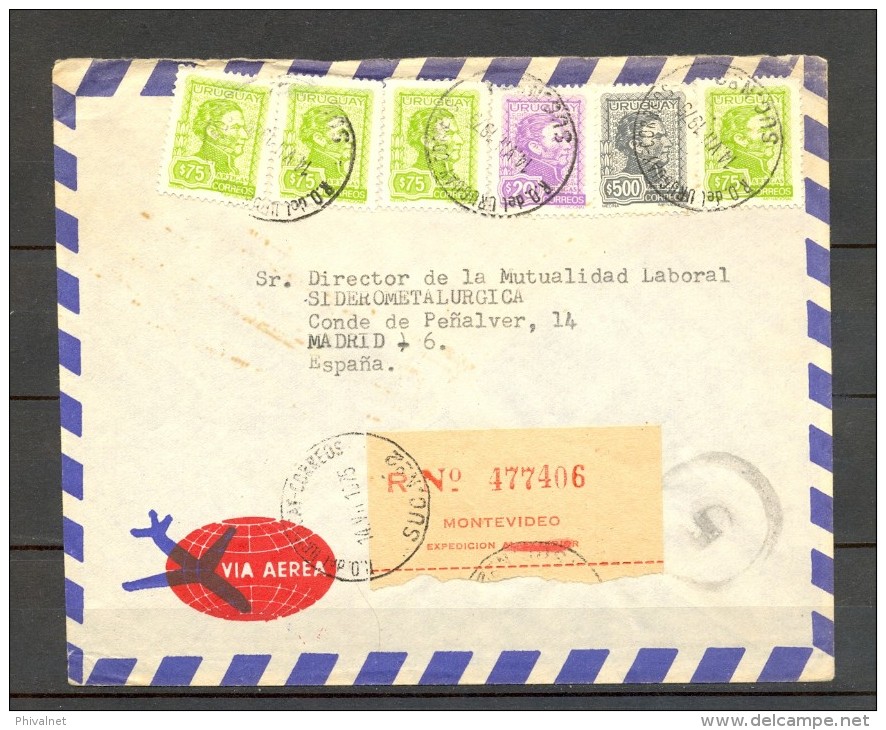 1975 , URUGUAY , SOBRE CERTIFICADO ENTRE MONTEVIDEO Y MADRID , SERIE BÁSICA  ARTIGAS , CORREO AÉREO - Uruguay