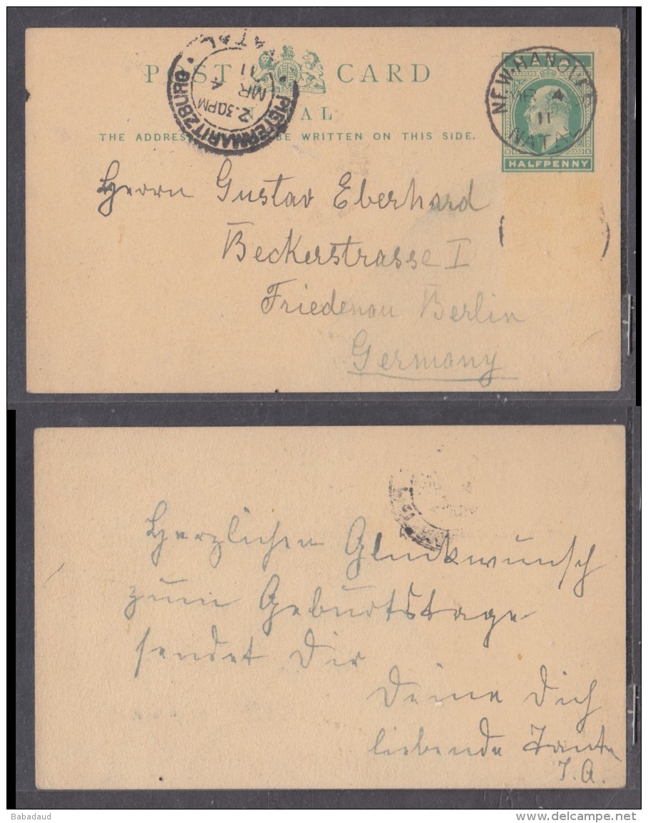 Natal 1/2d EVIIR Postal Card, 1911 NEW HANOVER &gt; Berlin, PIETERMARITZBURG Transir - Natal (1857-1909)