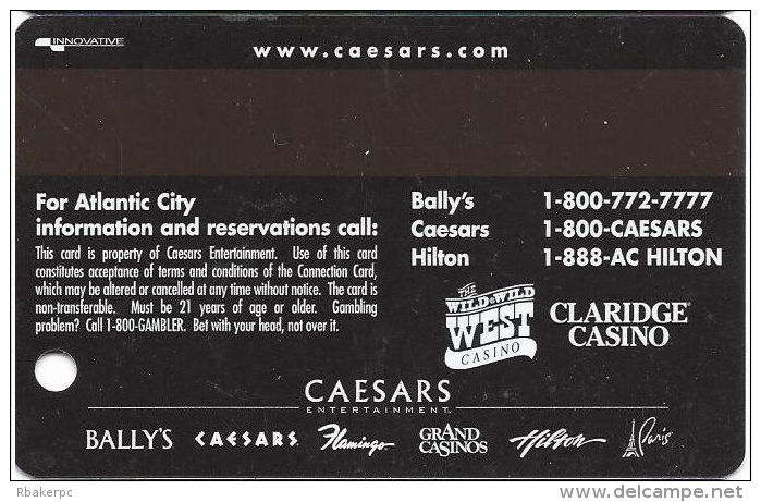 Bally's Casino Atlantic City NJ - Connection / Slot Card - Innovative Over Mag Stripe - 3 Phone#s - Casino Cards