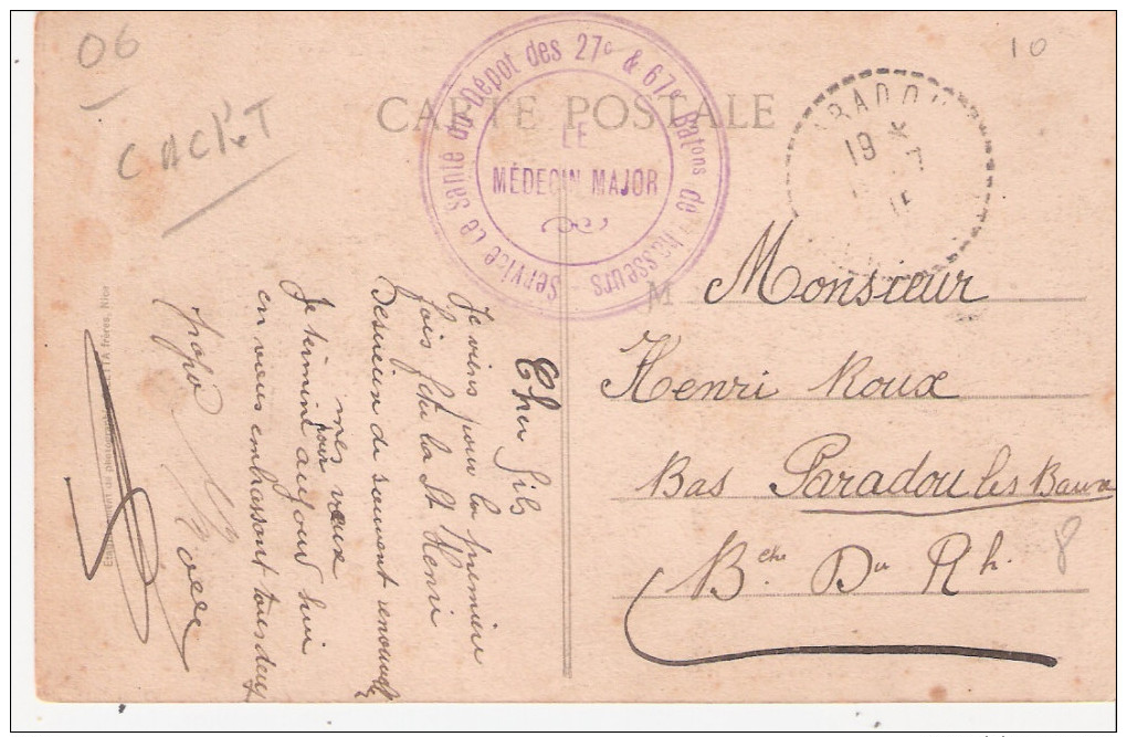 Alpes Maritimes:- MENTON SERVICE DE SANTE DU DEPOT DES 27° & 67° BATons DE CHASSEURS - 1. Weltkrieg 1914-1918
